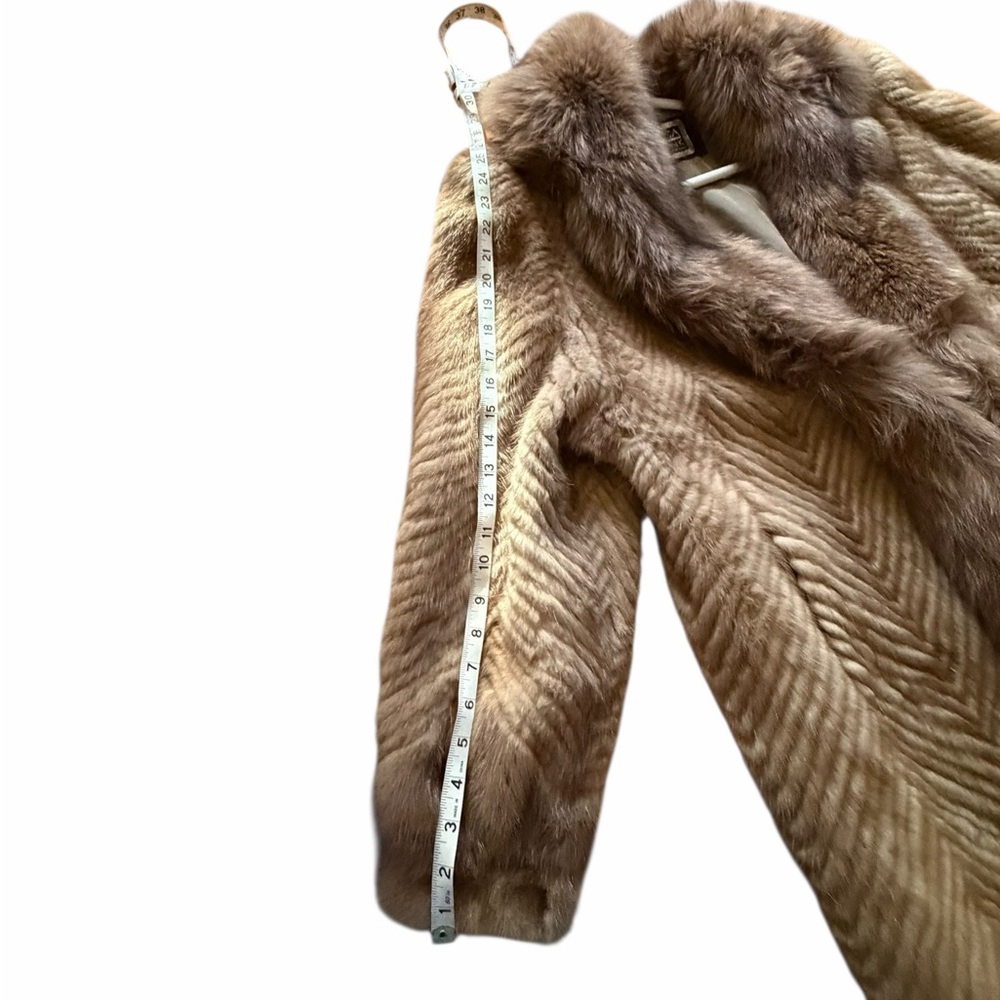 RARE Authentic SAGA Mink Fur Long Coat Camel Brown Herringbone SAGA Fox Trim M - Picture 14 of 14